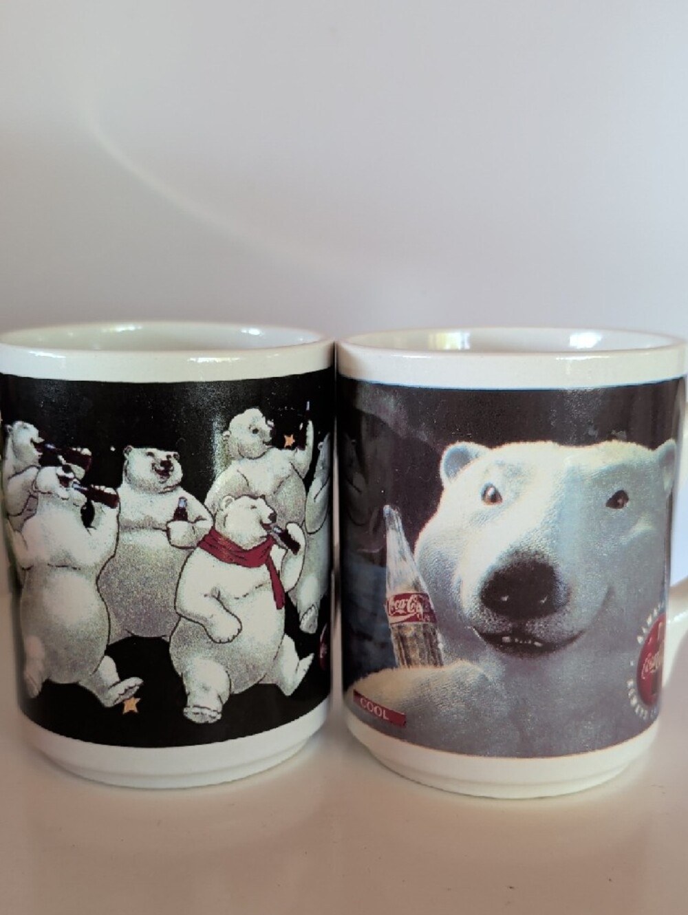 2 Gibson, Coca Cola Polar Bear Duo Ceramic Coffee Mugs - White and Black Artwork